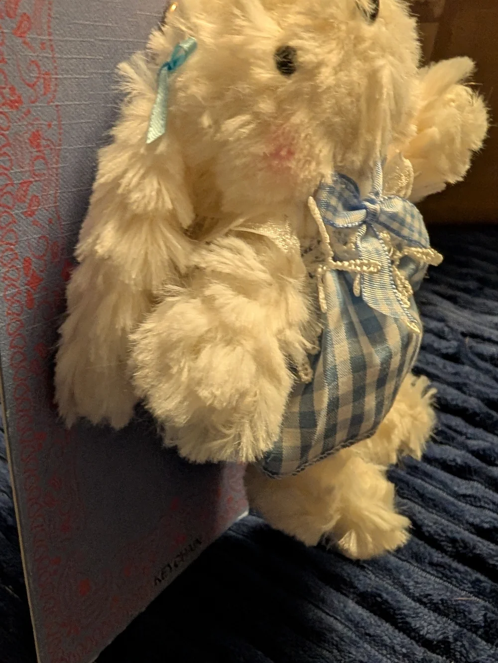 nOir  White Plush Bunny with Blue Gingham Dress